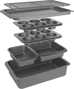 Chicago Metallic 7-Piece Nonstick Bakeware Nesting Set – Carbon Steel Baking Sheet, Loaf Pan, Muffin Pan, Cake Pan, Roaster and Cooling Rack